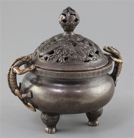 A Chinese bronze ding censer and cover, width 16cm